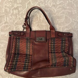 Fossil Vintage Plaid Accent Leather Tote Bag